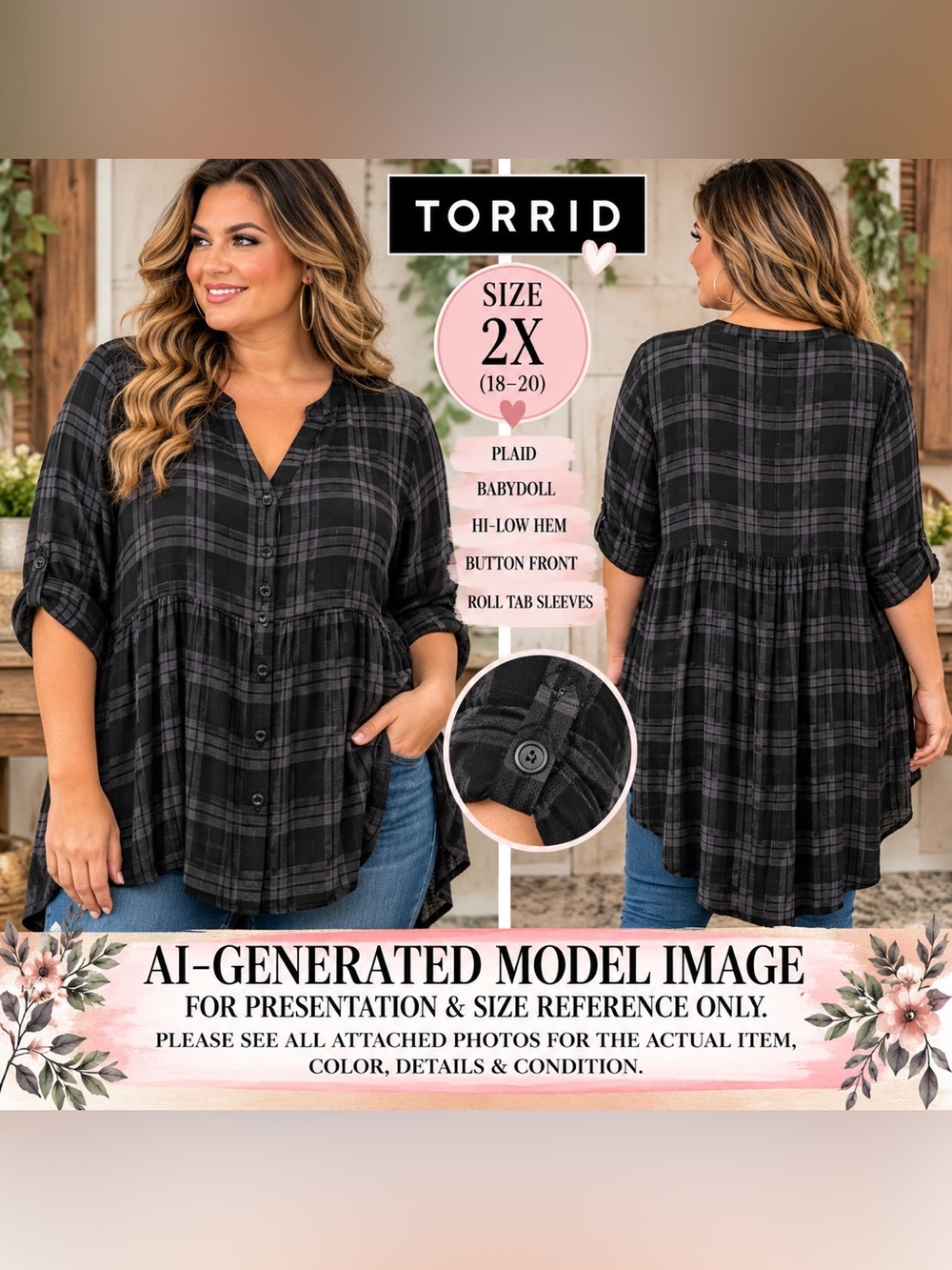 Torrid Black Plaid Babydoll Hi-Low Button Front Tunic 2X